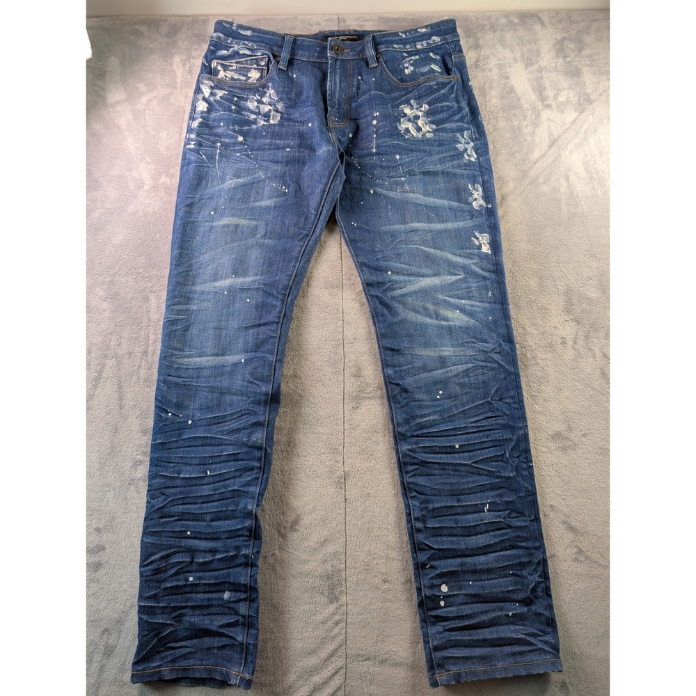 Cult of Individuality Rocker Slim Jeans Mens 34x33 Blue Paint Splatter Honeycomb